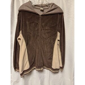 Vintage Y2K Big Flirt Velour Zip Hoodie Women's Cream Brown Color block Lounge L